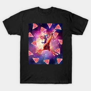 Thug Space Cat On Giraffe Unicorn - Pizza T-Shirt